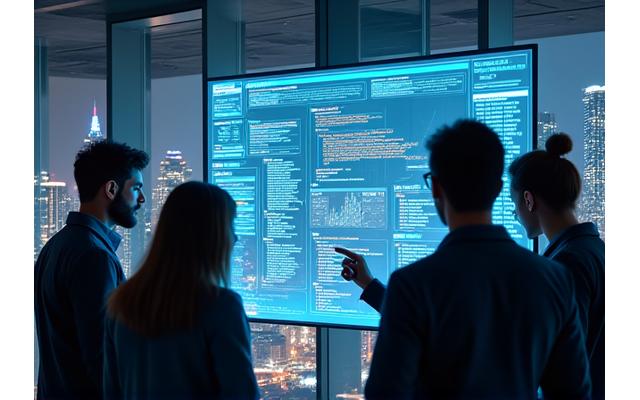 Diverse group of tech professionals collaborating on a digital project, looking at a large screen with code and data visualizations.
